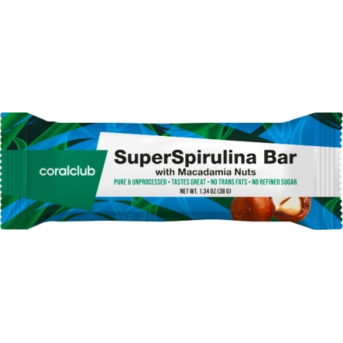 Energie und Leistungsfähigkeit: Spirulina Riegel / SuperSpirulina Bar with Macadamia Nuts / Super Spirulina mit Macadamianüssen (Coral Club)